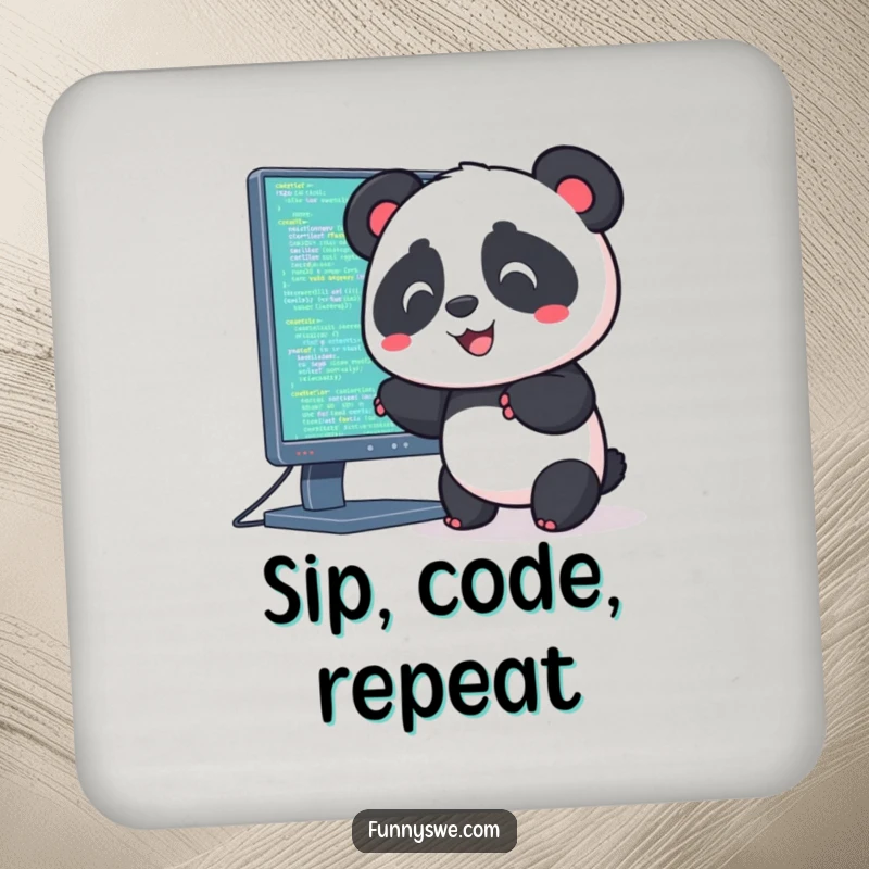 Funny drink coaster with a Kawaii panda pushing code into a computer monitor, perfect for tech-themed surfaces.