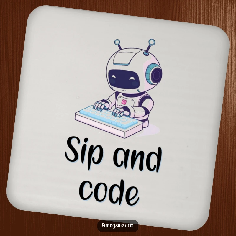 Funny kawaii robot animal character typing on a glowing keyboard, a delightful and humorous drink coaster.