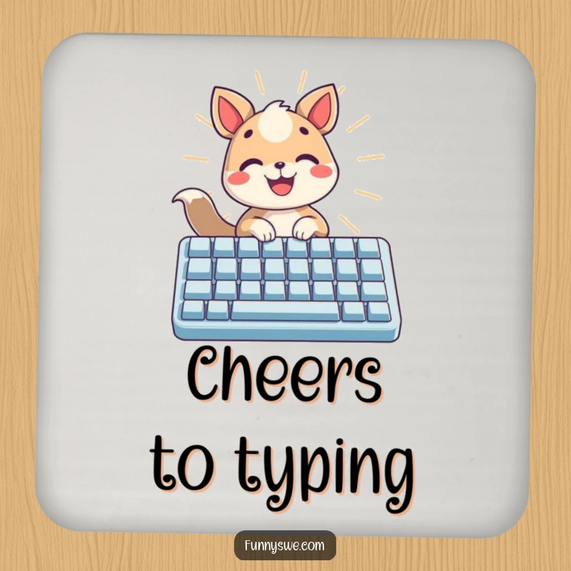 Funny drink coaster with a cheerful animal typing on a luminous keyboard, radiating light, a stylish gift.