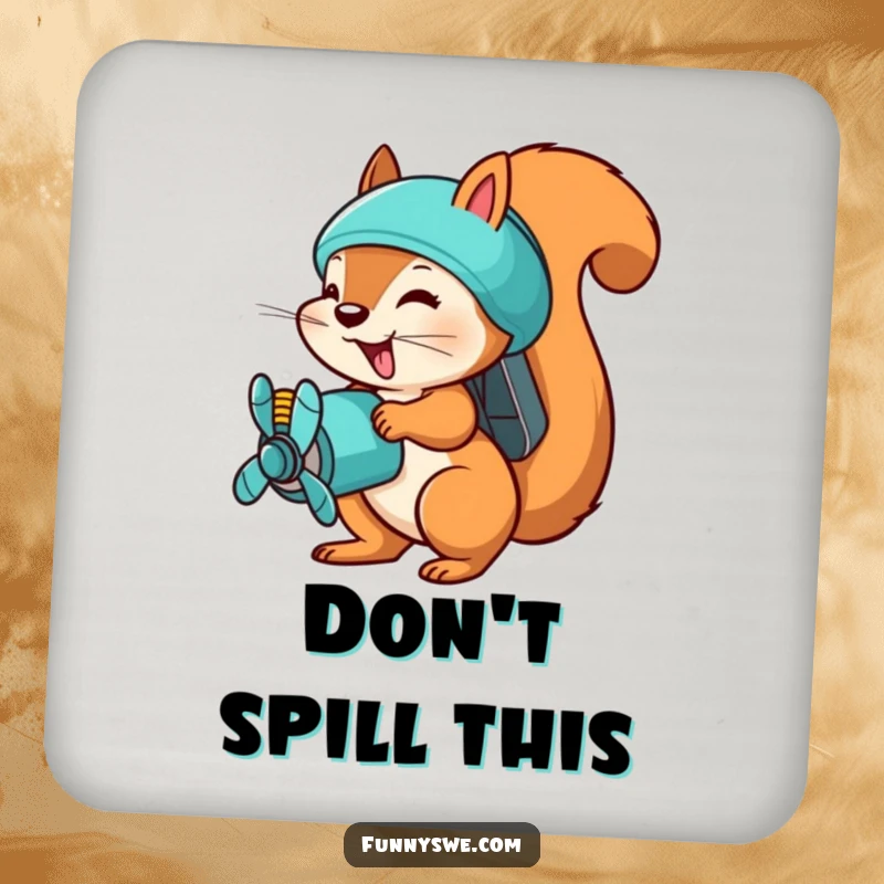Funny squirrel uploader coaster, a busy squirrel with a propeller pack, uploading files, protecting surfaces with humor.