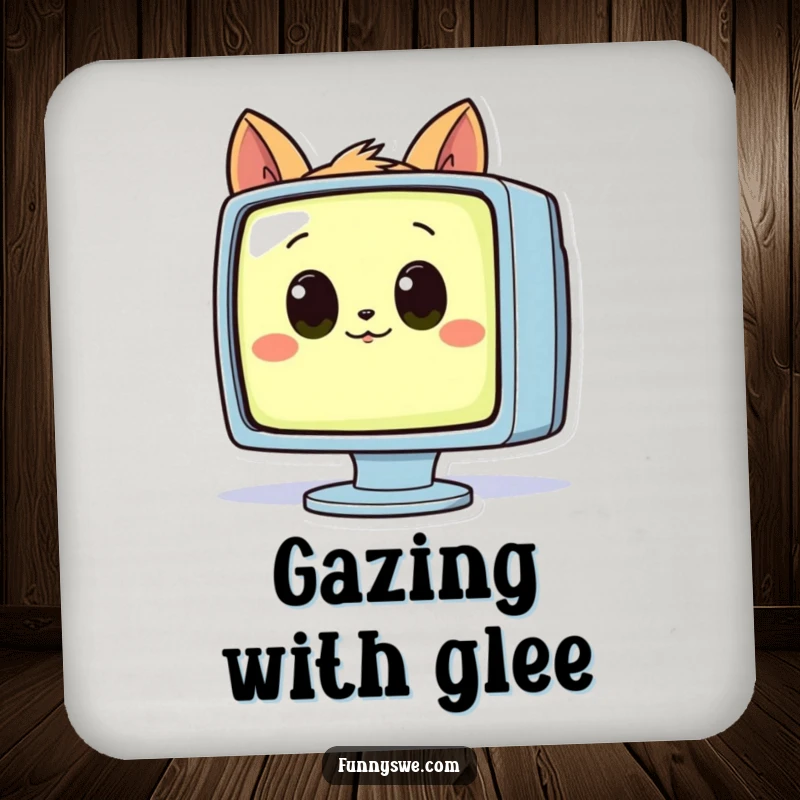 Funny drink coaster with a curious animal with big eyes looking at a glowing computer monitor, a tech gift.