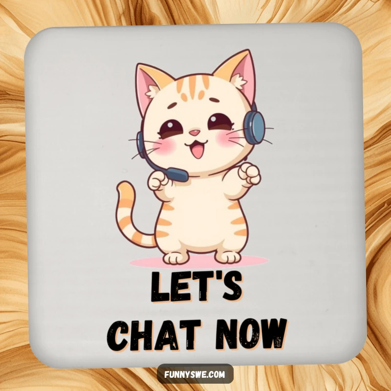 Funny Cat Coasters: An enthusiastic cat wearing a headset points at a screen, adding gamer humor to your tabletop, perfect as a funny gift.