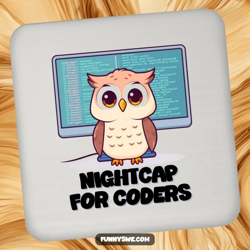 Funny Drink Coaster showcasing a curious owl character looking at code on a giant monitor, adding intellectual humor.