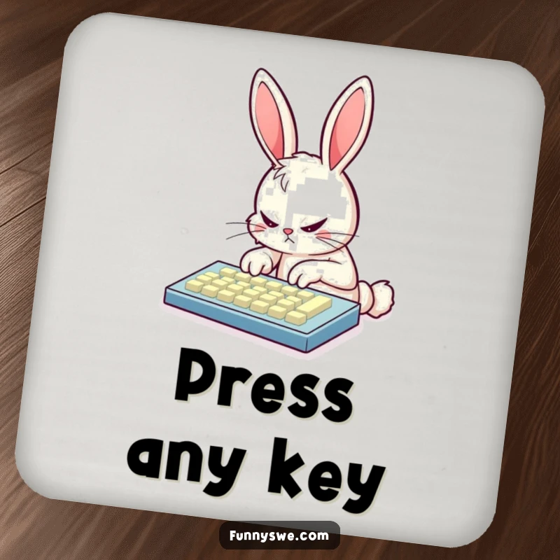 Funny bunny coder drink coaster featuring a determined bunny furiously typing on a glowing keyboard, promoting surface protection with humor.