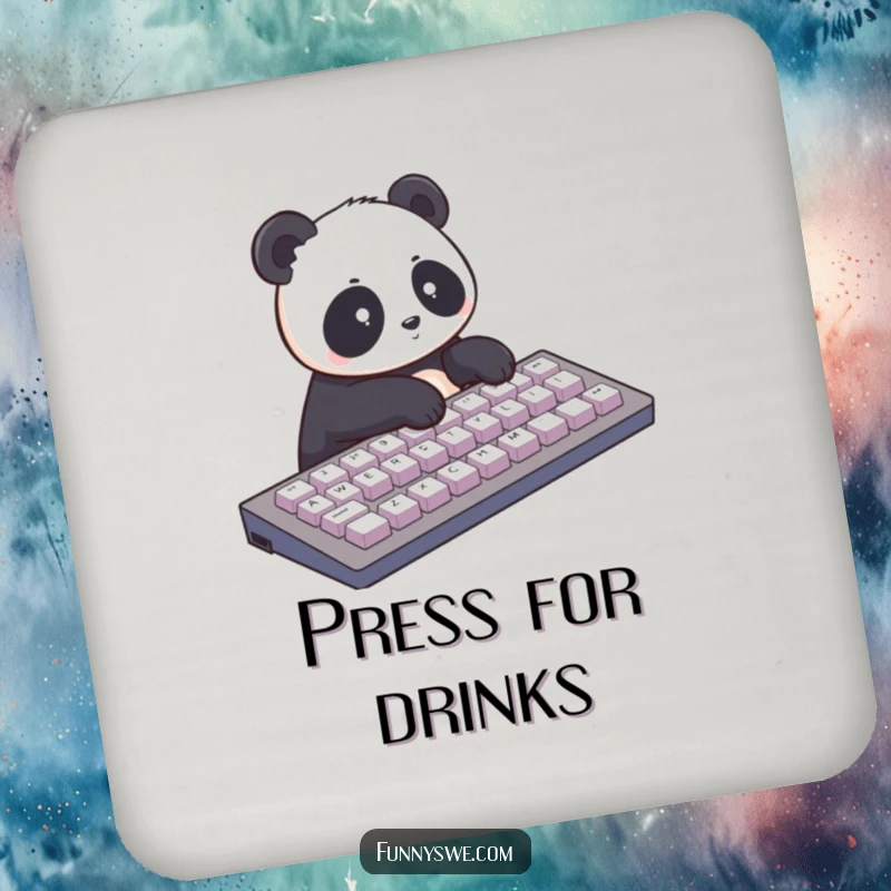 Funny coaster with a panda typing on a giant keyboard. Protects surfaces with a humorous tech design.