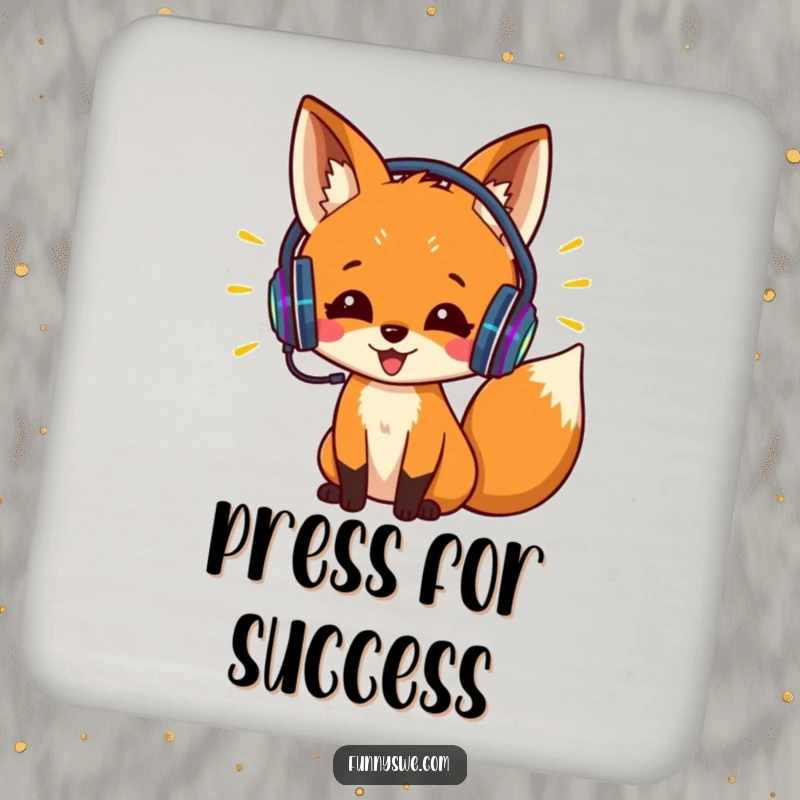 Funny coaster with an excited fox wearing headphones, coding with colorful lines. Protects surfaces with a humorous tech design.