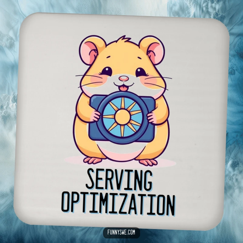 Funny hamster drink coaster showing a happy rodent optimizing a website with a tiny spinner, providing humorous surface protection.