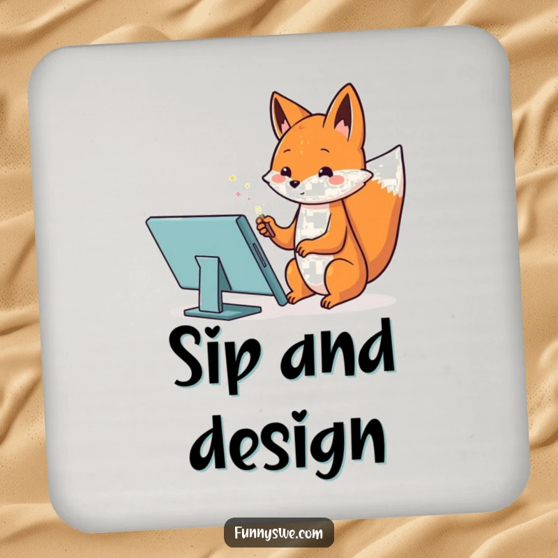 Funny drink coasters with a Kawaii fox using a magic wand on a tablet to design, protecting surfaces with magic.