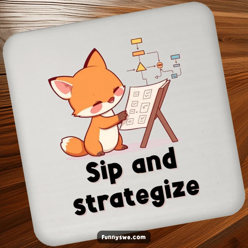 Funny fox drink coaster showing a curious canine examining a complex flowchart, providing humorous surface protection.