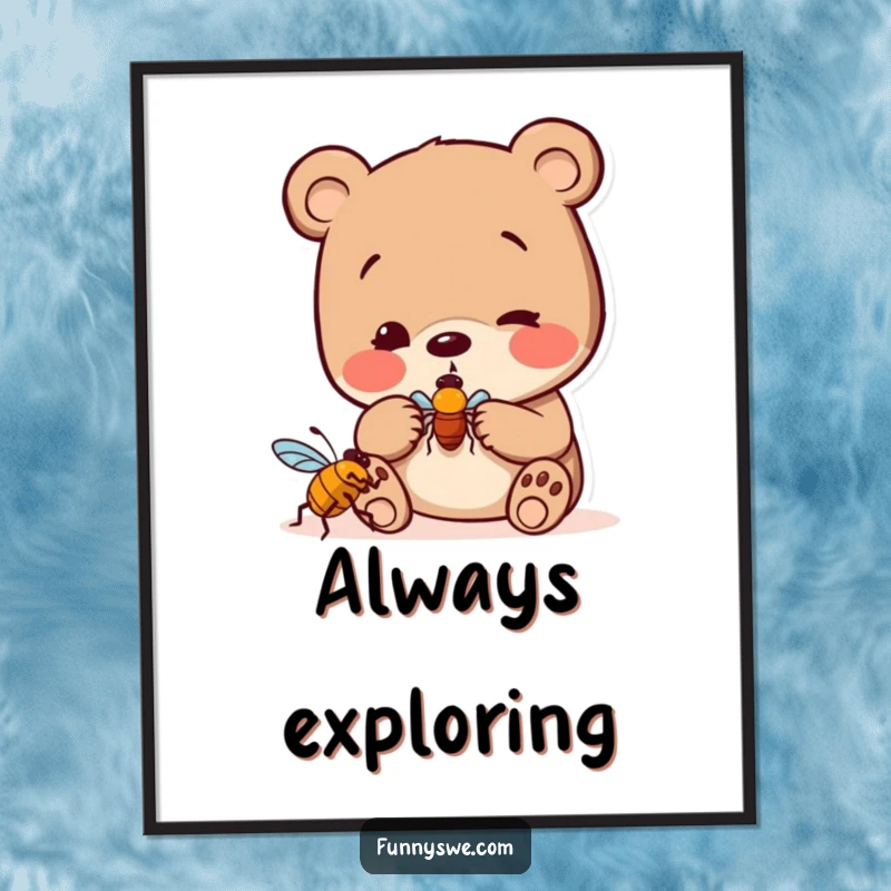 Funny bear bug hunter poster, playfully examining a computer bug icon, artistic and humorous wall decor for tech lovers.