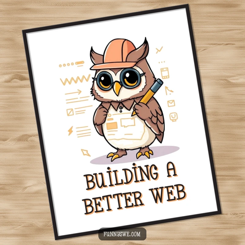 Funny poster art of a cute Kawaii owl architect intently drawing a website layout on a screen with a glowing stylus.