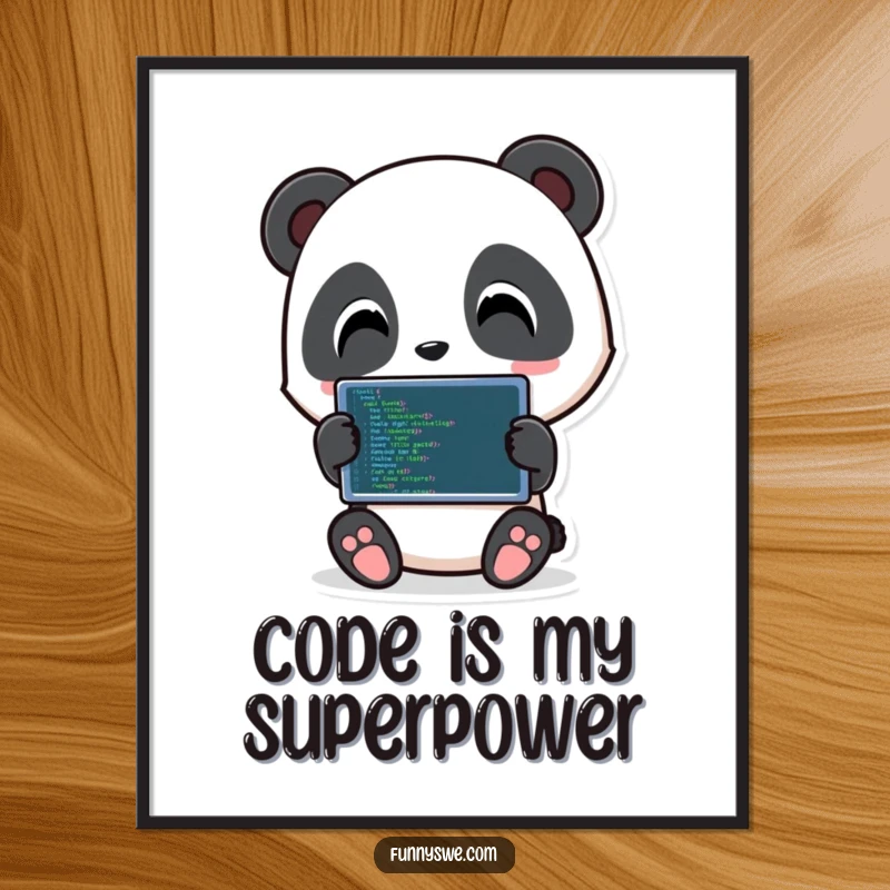 Funny Panda Coding Poster: Playful panda character holding a tablet displaying code, adding humorous tech art.