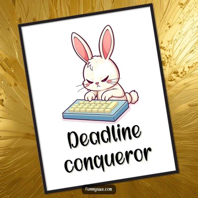 Funny bunny coder poster featuring intense typing on a glowing keyboard, vibrant digital art for tech lovers, inspiring workspace decor.
