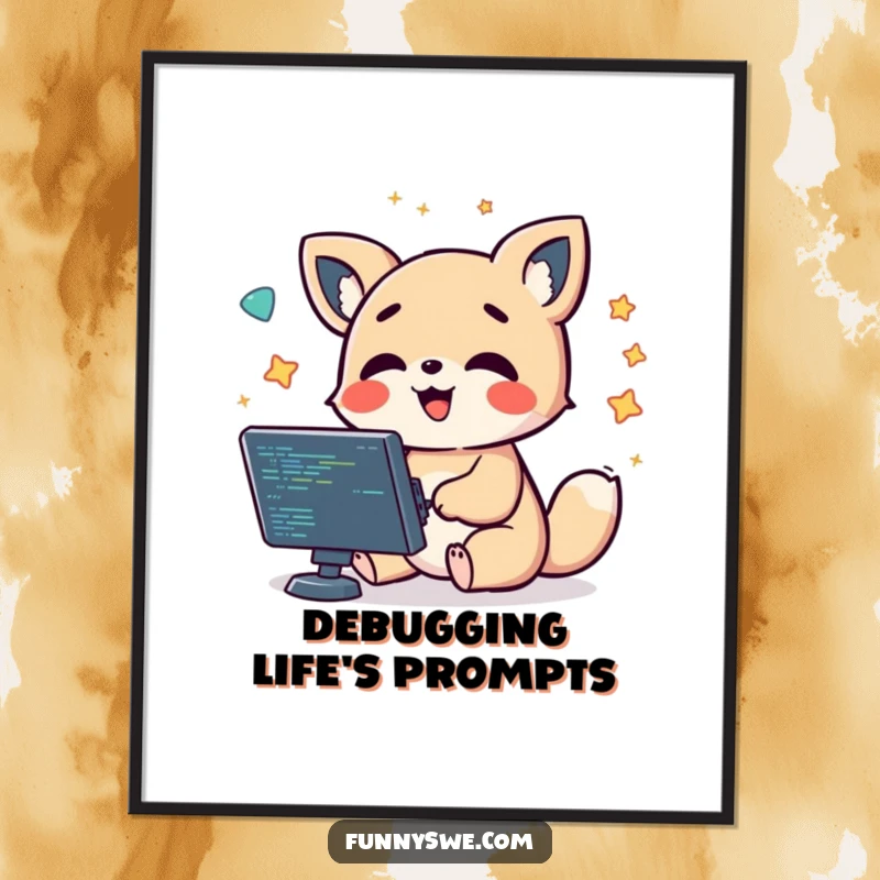 Funny kawaii animal character giggling while debugging code with floating symbols, humorous wall art for techies.