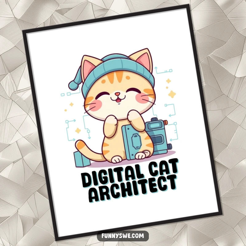 Funny cat coder poster, a charming giggling cat wearing a beanie, focused on digital code creation, vibrant and humorous.