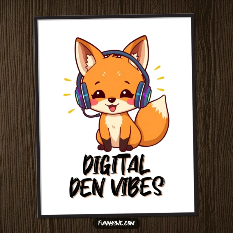 Funny poster art of an excited fox with headphones, coding with brightly colored lines. Humorous tech-themed wall decor.