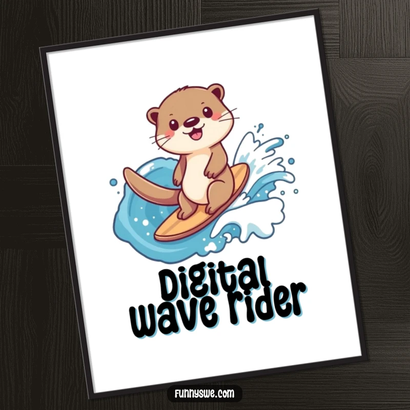 Funny happy otter surfing a data wave poster, vibrant digital art representing excitement and mastery of technology.