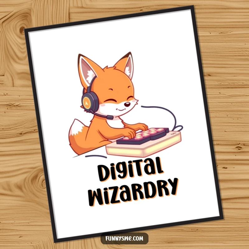 Funny poster illustration of a cute fox wearing a headset, intensely typing on a bright, glowing keyboard, ideal wall art.