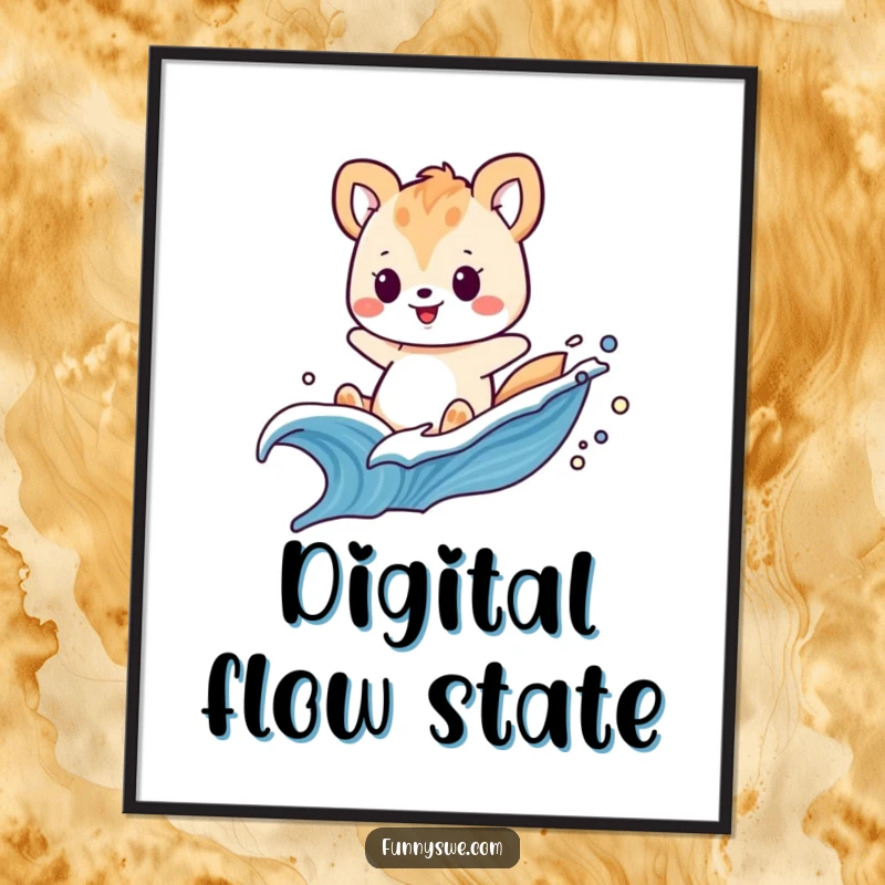 Funny poster art of a playful animal surfing a dynamic wave made of code, a cool tech gift.