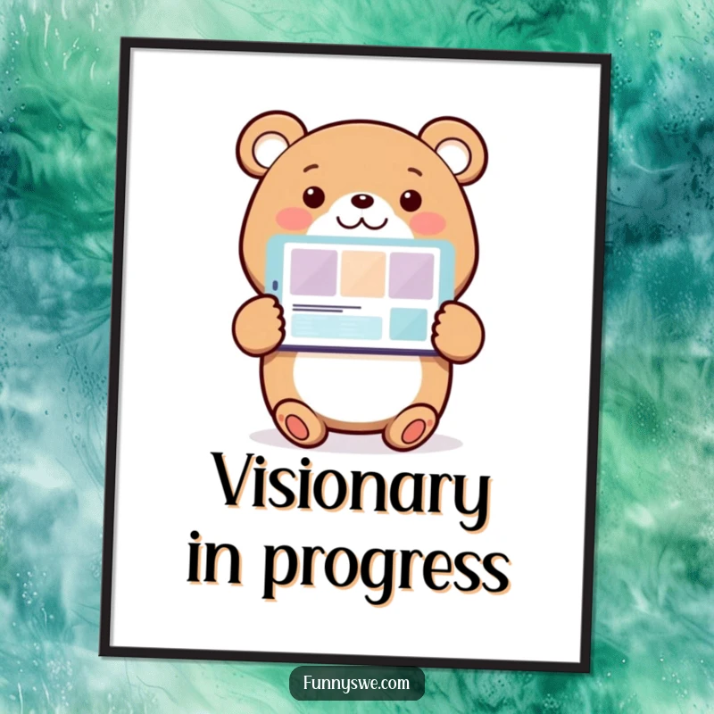 Funny Bear Web Designer Poster: A joyful bear character showcases a sleek website layout on a screen, captured in a humorous wall art piece.