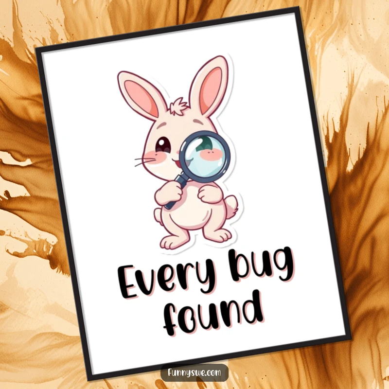 Funny Poster featuring a bouncing bunny character holding a debugging magnifying glass, celebrating persistence and bug-hunting passion.