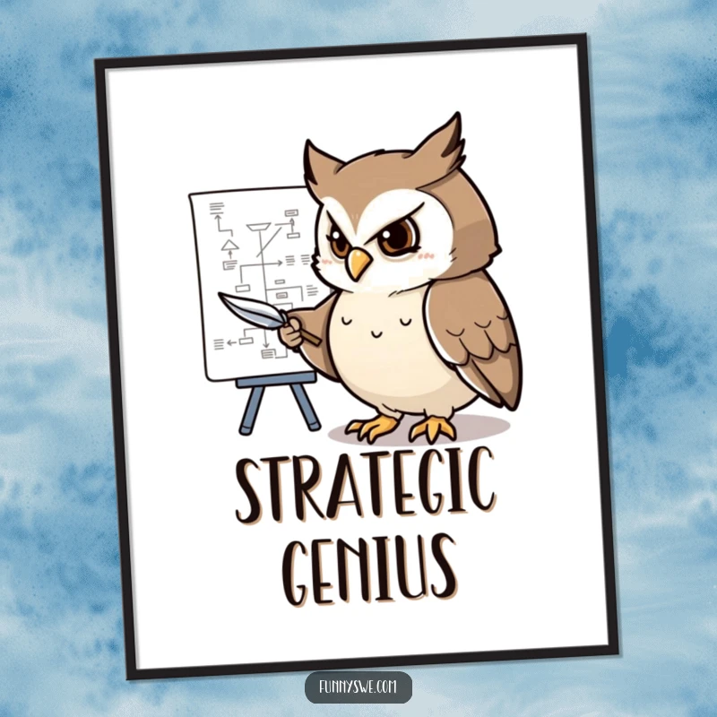 Funny poster illustration of a determined owl using a feather pen to point at a complex flowchart, ideal wall art.