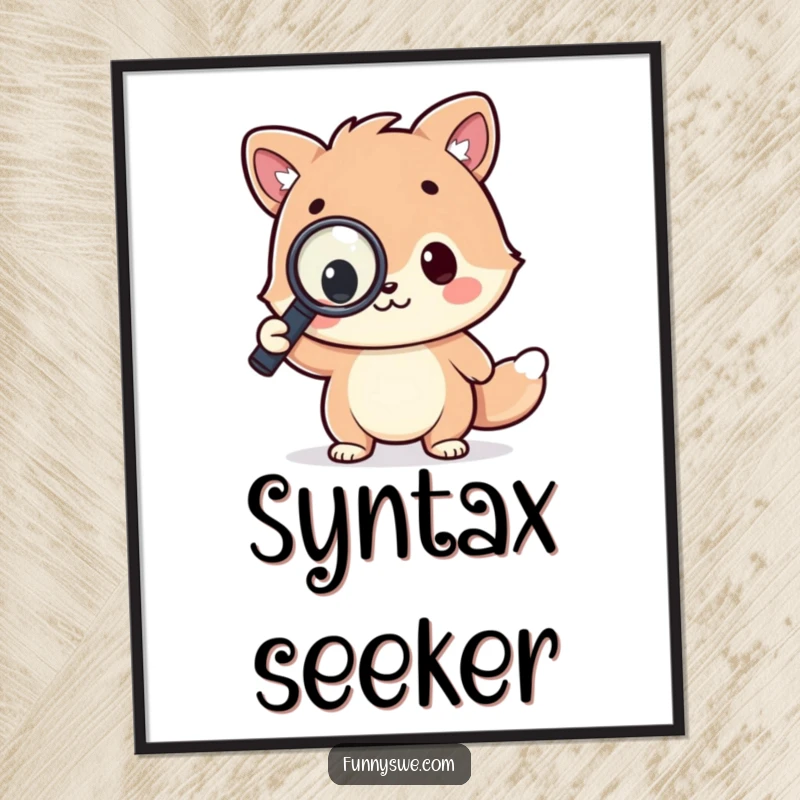 Funny poster of a kawaii animal character triumphantly holding a magnifying glass over a line of code, celebrating successful debugging.