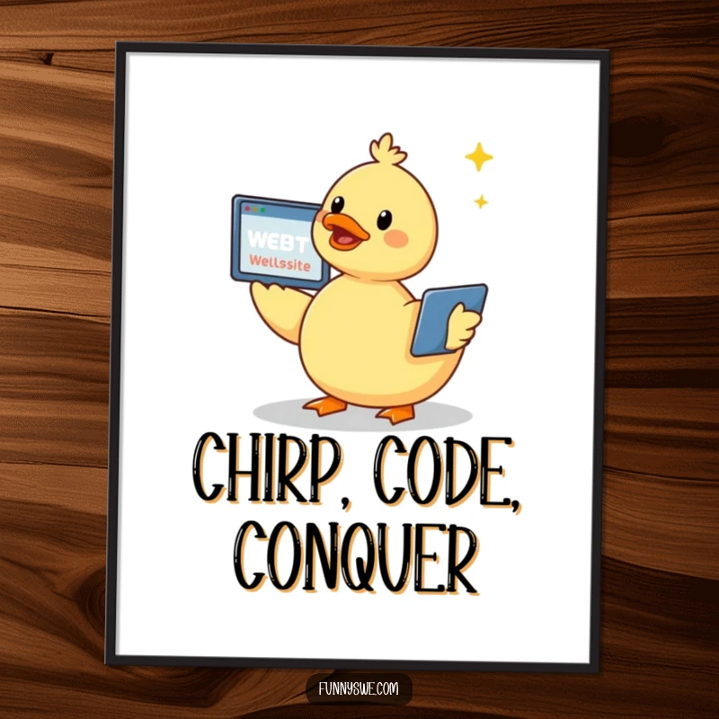 Funny kawaii duck character joyfully creating a website, with a screen flying around, presented as vibrant wall art.