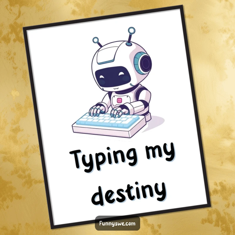 Funny kawaii robot animal character focused on typing on a glowing keyboard, presented as vibrant, humorous wall art.