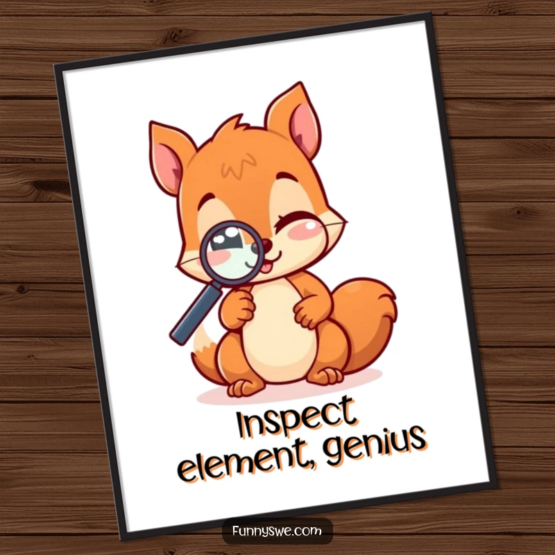 Funny kawaii squirrel character holding a magnifying glass, testing a website with a cheeky wink, presented as vibrant wall art.