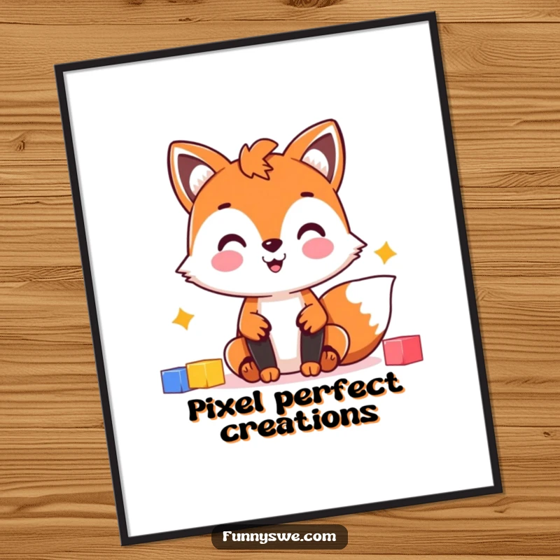 Funny Fox Web Design Poster: Cheerful fox character building a website with colorful blocks, adding humorous art to any space.