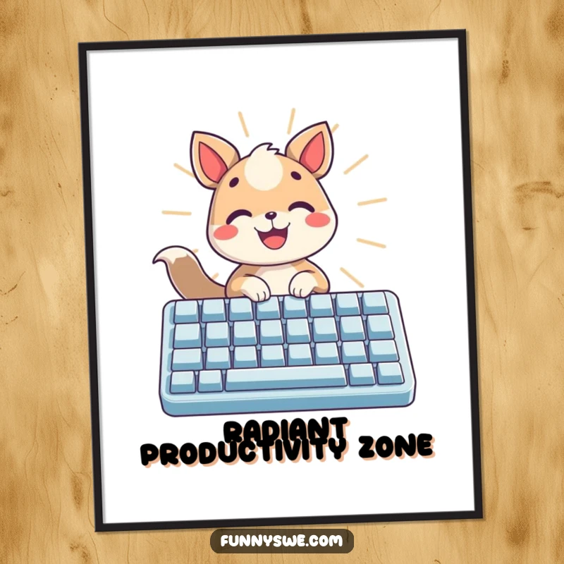 Funny poster art of a happy animal illuminated while typing on a large glowing keyboard, a bright gift.