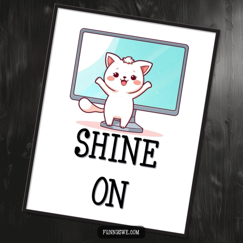 Funny poster of a kawaii animal character happily dancing beside a shining monitor screen, embodying pure digital delight.