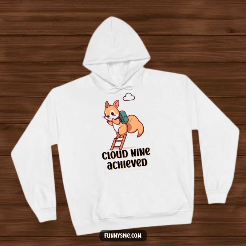 Funny Squirrel Hoodie: A determined squirrel with a backpack climbs a ladder towards a cloud icon, representing tech ambition and perseverance, ideal funny gift.