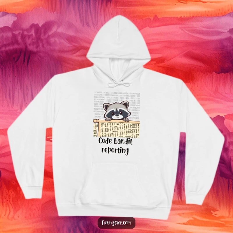 Funny raccoon coder hoodie, a curious raccoon peeking over a wall of scrolling code, cozy and full of tech wonder.