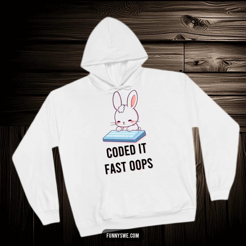 Funny Rabbit Programmer Hoodie: Adorable rabbit character typing intensely on a glowing keyboard, a cozy and humorous piece.