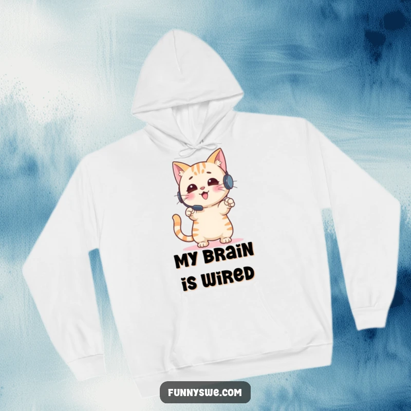 Funny Cat Hoodie: An enthusiastic cat with a headset gestures intensely at a screen, embodying a passionate gamer, ideal funny gift.