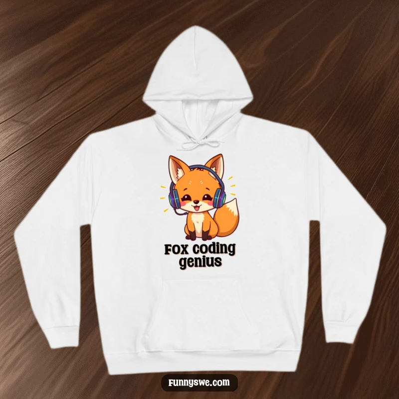 Funny hoodie showing an excited fox wearing headphones, coding with bright lines. Comfortable and humorous tech wear.