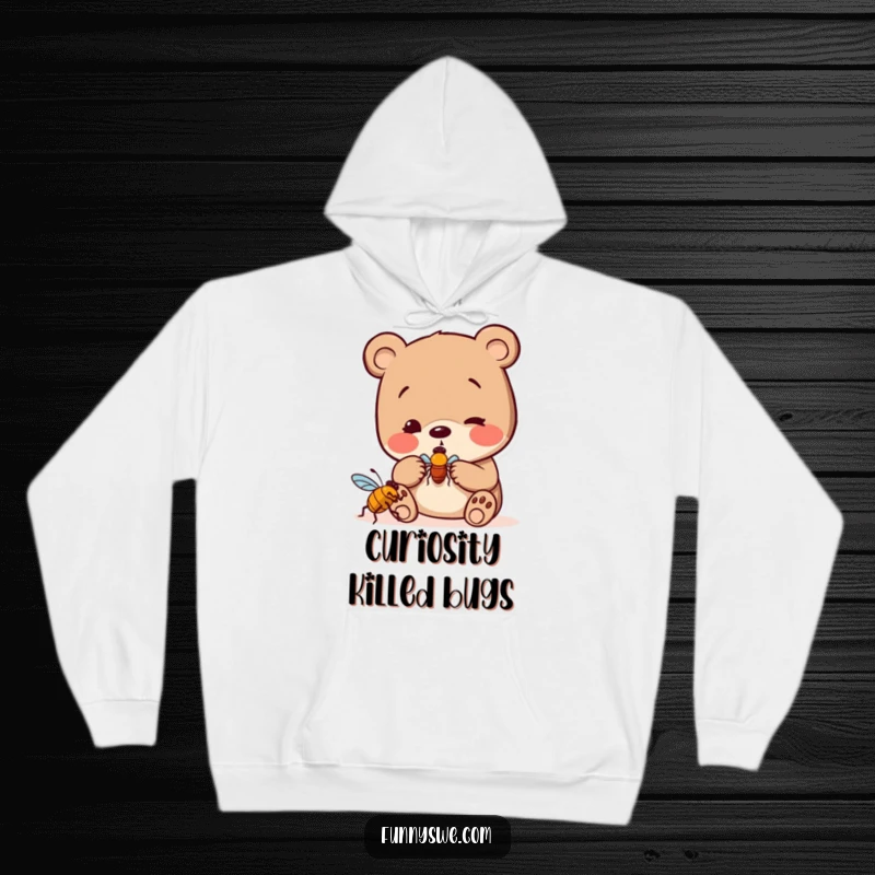 Funny bear in a hoodie, curiously inspecting a computer bug icon with a magnifying glass, symbolizing deep tech investigation.