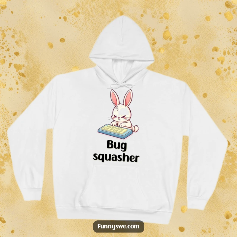 Funny bunny coder wearing a hoodie, furiously typing on a glowing keyboard, conveying warmth and intense concentration, great funny gift.