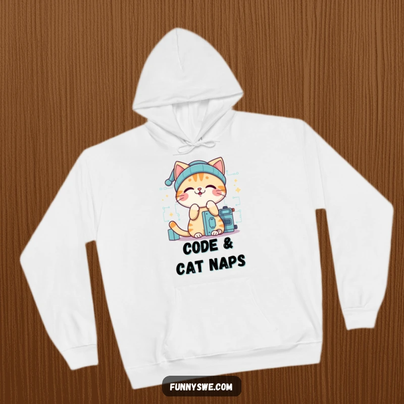 Funny cat coder hoodie, a giggling cat wearing a beanie, focusing on building digital code, cozy and adorable.