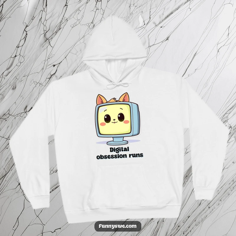 Funny hoodie depicting a curious animal with big eyes looking intently at a glowing computer screen, a cozy gift.