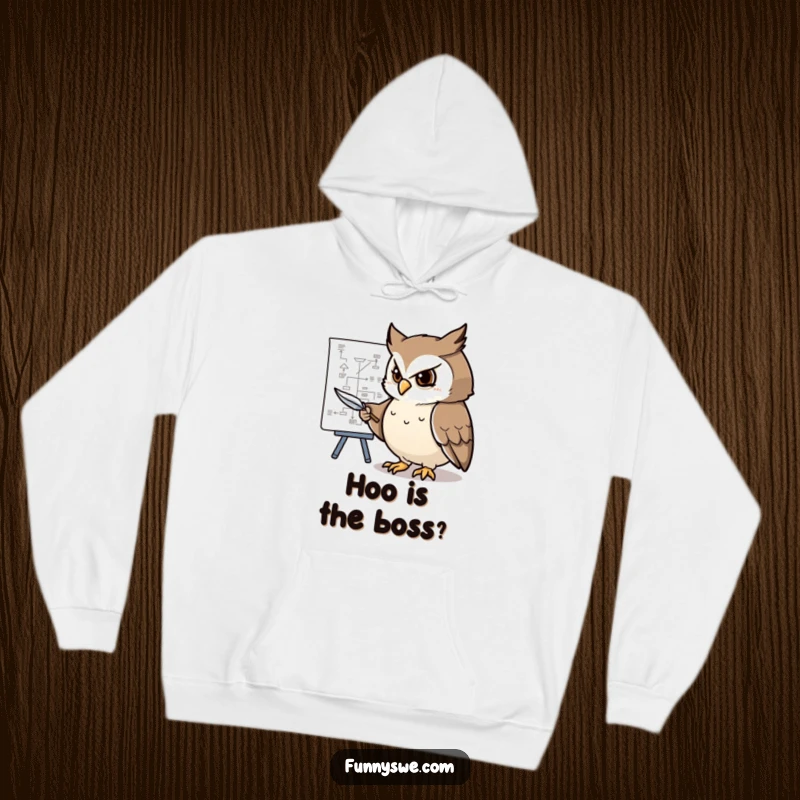 Funny hoodie design of a determined owl pointing at a complex flowchart with a feather pen, great for cozy planning.