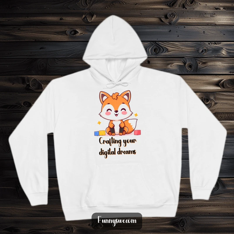 Funny Fox Web Designer Hoodie: Cheerful fox character building a website with colorful blocks, comfortable and humorous apparel.