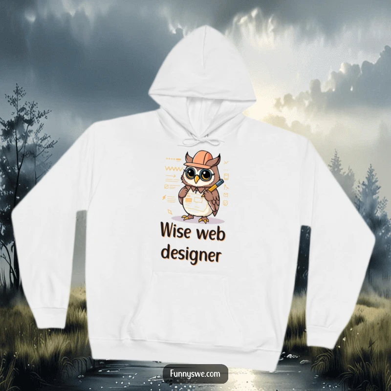 Funny hoodie featuring a Kawaii owl architect drawing a website layout with a glowing stylus, perfect for creative comfort.