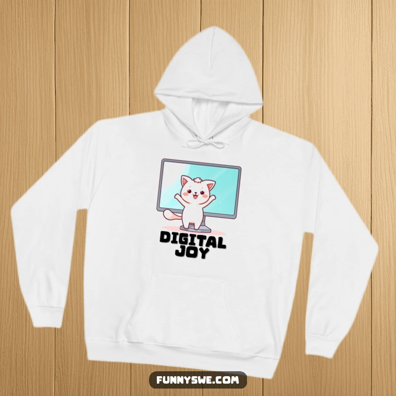 Funny, cozy hoodie showing a kawaii animal character happily dancing beside a gleaming monitor screen, radiating digital joy.
