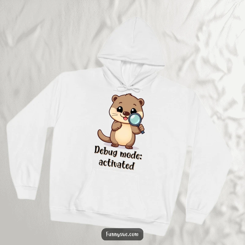 Funny Otter Debugger Hoodie: Happy otter character inspecting code with a magnifying glass, a comfortable and humorous apparel.