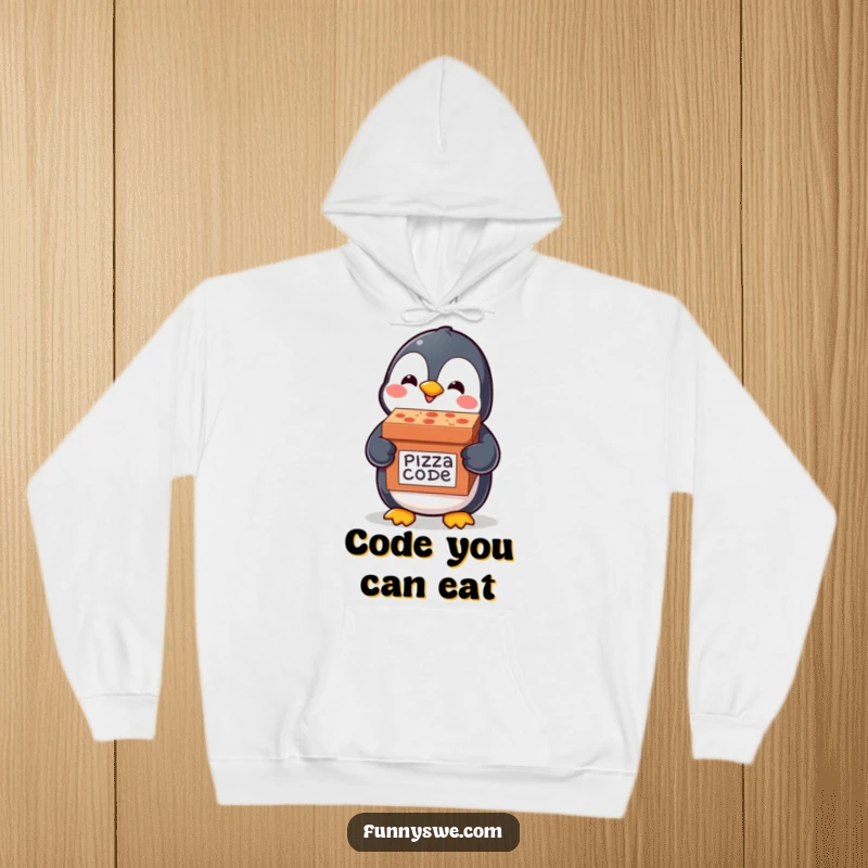 Funny hoodie featuring a happy kawaii penguin delivering a pizza box labeled code delivery, providing warm, tech-themed comfort.