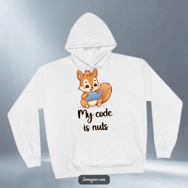 Funny Hoodie featuring a cheerful squirrel character enthusiastically designing a website on a tablet, offering warmth and tech-inspired humor.