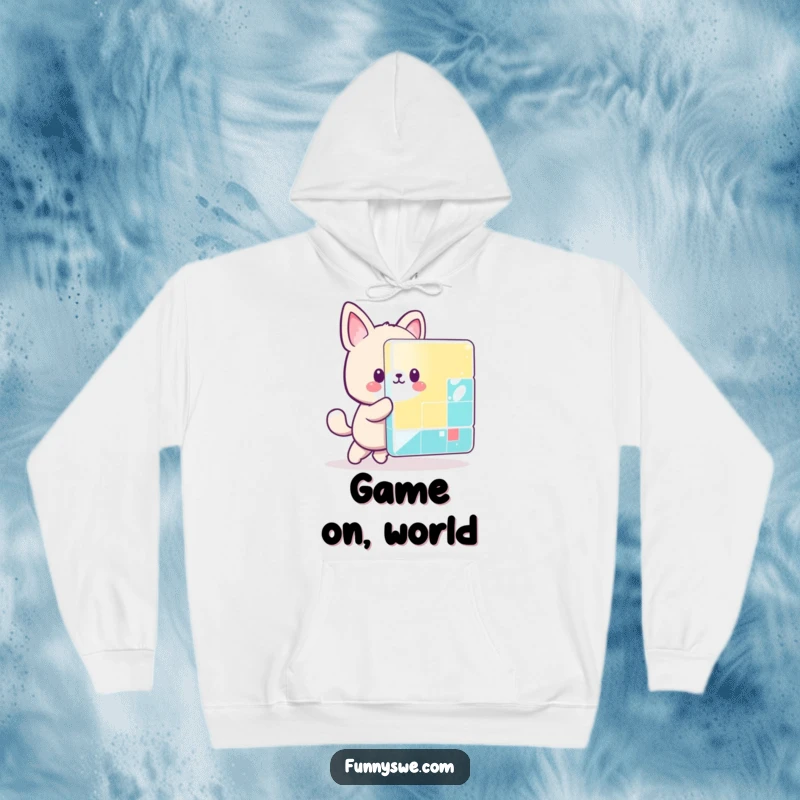 Funny kawaii animal character pushing a huge, vibrant pixelated block, designed for comfort and gamer style.